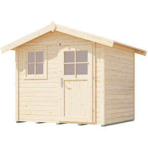 Naturbelassenes Holz-Gartenhaus 123 mit Satteldach, Fenster und Tür.