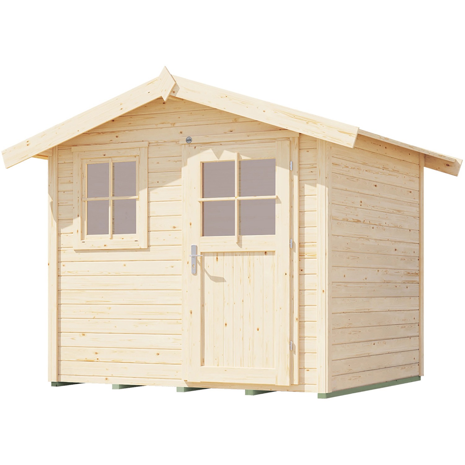 Naturbelassenes Holz-Gartenhaus 123 mit Satteldach, Fenster und Tür.