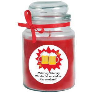 HS Candle Duftkerze Vatertag Rose Rot im Glas mit roter Schleife und Bierkrug Motiv.