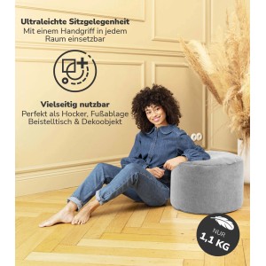 Grauer mokebo Minipouf Hocker als Beistelltisch oder Fußhocker. Vielseitig und leicht.