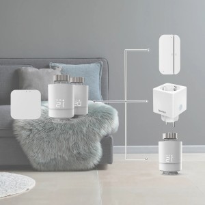 Hama WLAN-Heizungssteuerung Set: 2 Thermostate, Zentrale, Stecker und Sensor für smarte Hausautomation.