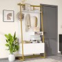 Weißes Garderoben Set mit goldenem Metallrahmen, Spiegel, Haken, Ablagen und Schuhschrank im Flur.