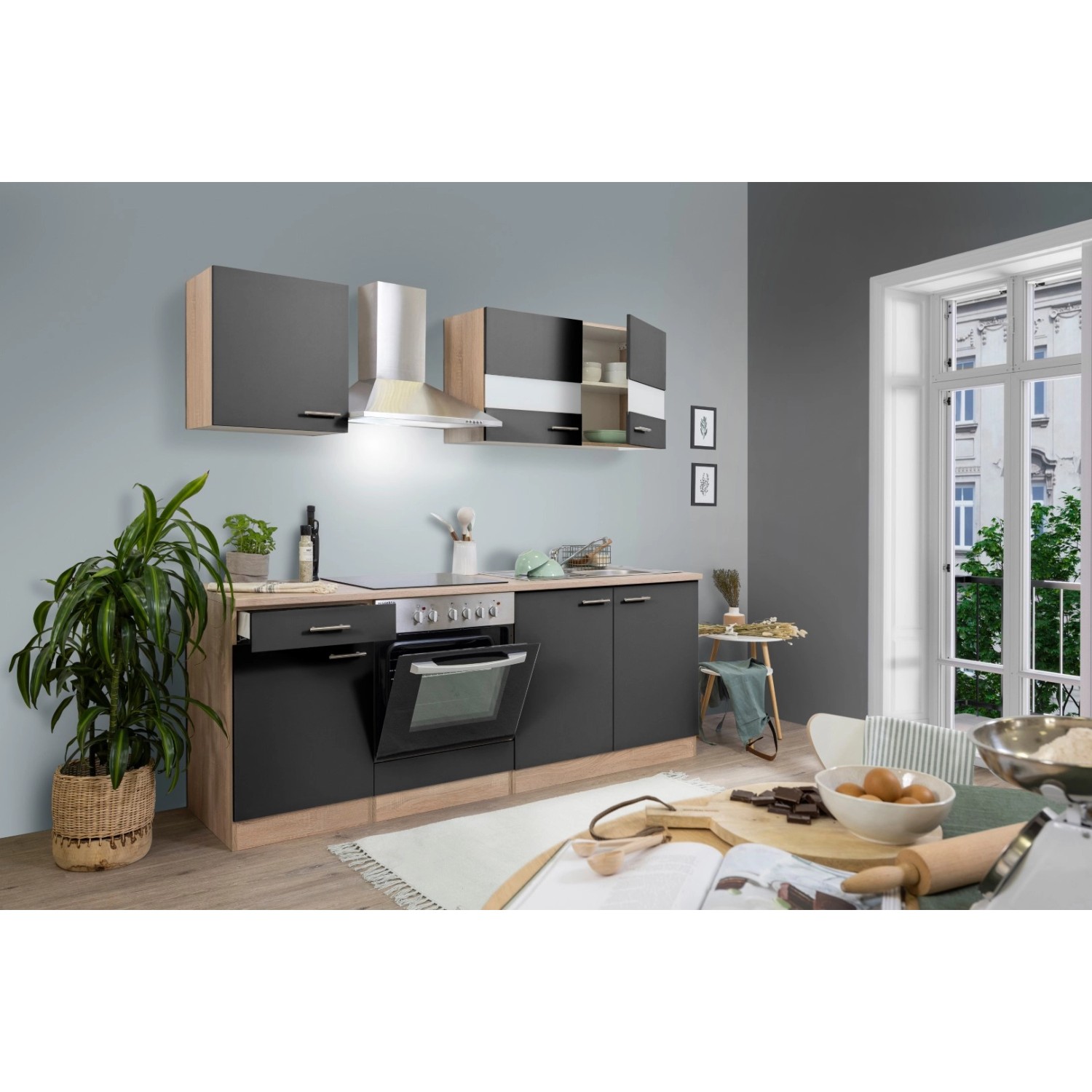 Respekta Küchenzeile/Küchenblock KB210ESGC 210 cm Grau-Eiche Sägerau Nachbildung