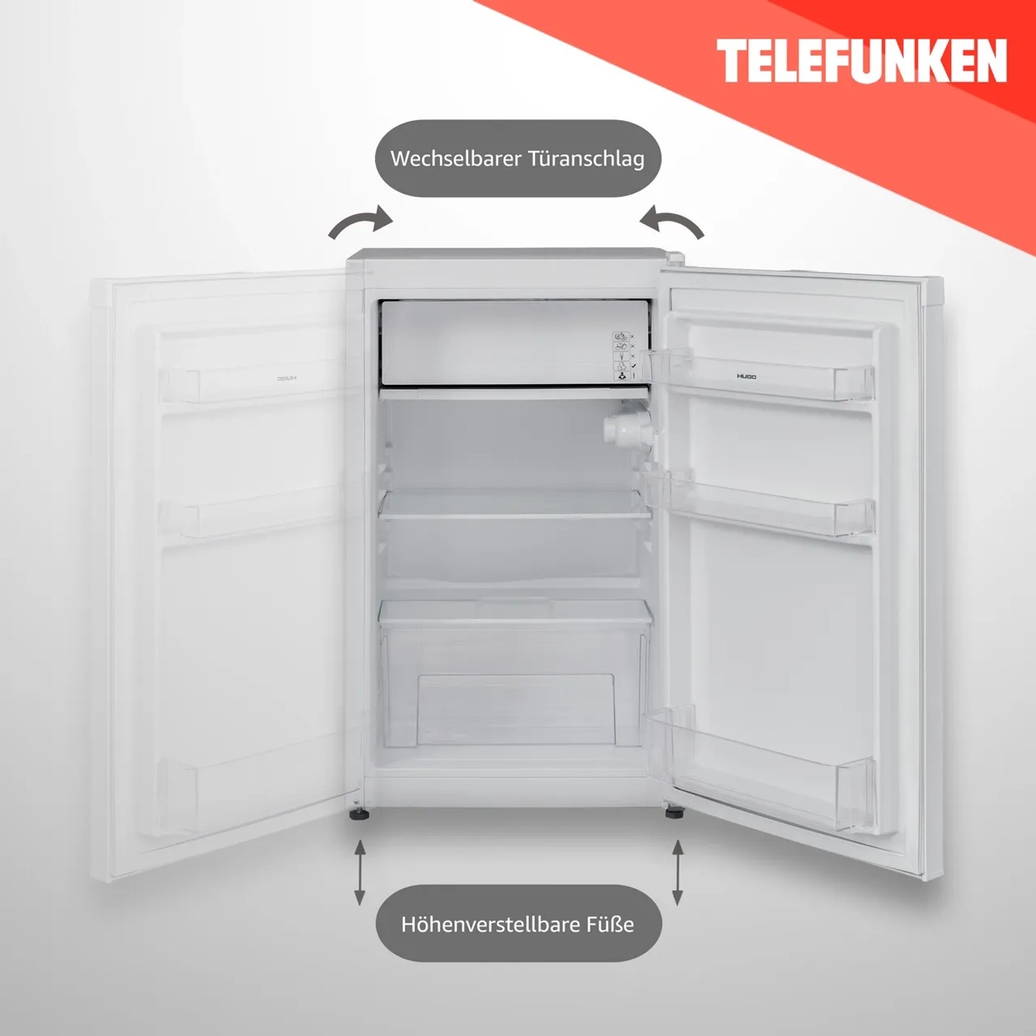 Telefunken Kühlschrank mit Gefrierfach, freistehend, weiße Ausführung, geöffnete Tür zeigt Innenraum.