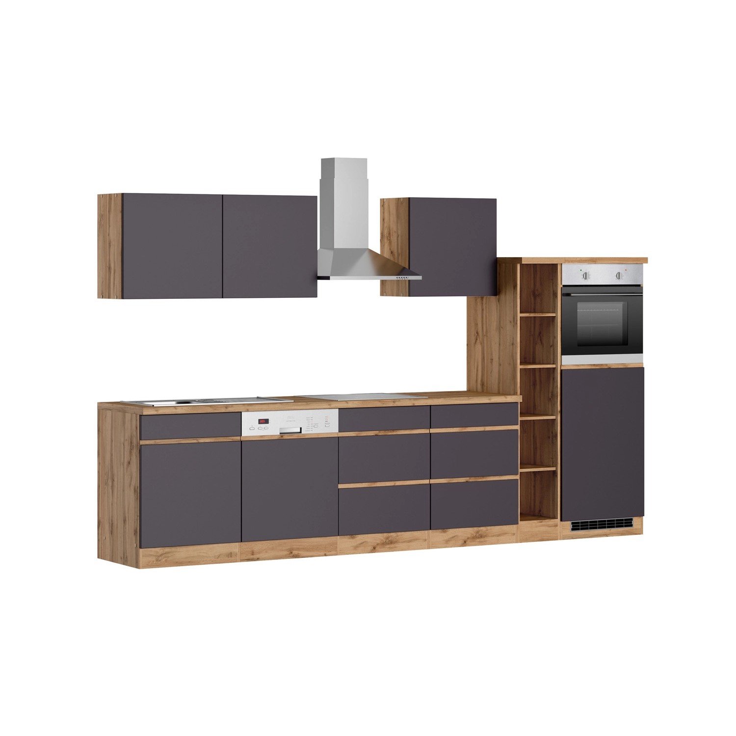 Moderne Küchenzeile Turin, 330 cm, Graphit-Wotaneiche mit E-Geräten. Einbauküche mit Dunstabzugshaube und Geschirrspüler.