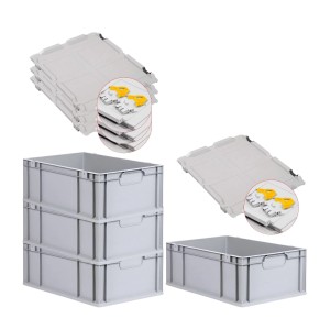 PROREGAL Spar Set: 4 graue Euroboxen mit Scharnierdeckel und gelben Verschlüssen, 44 Liter.