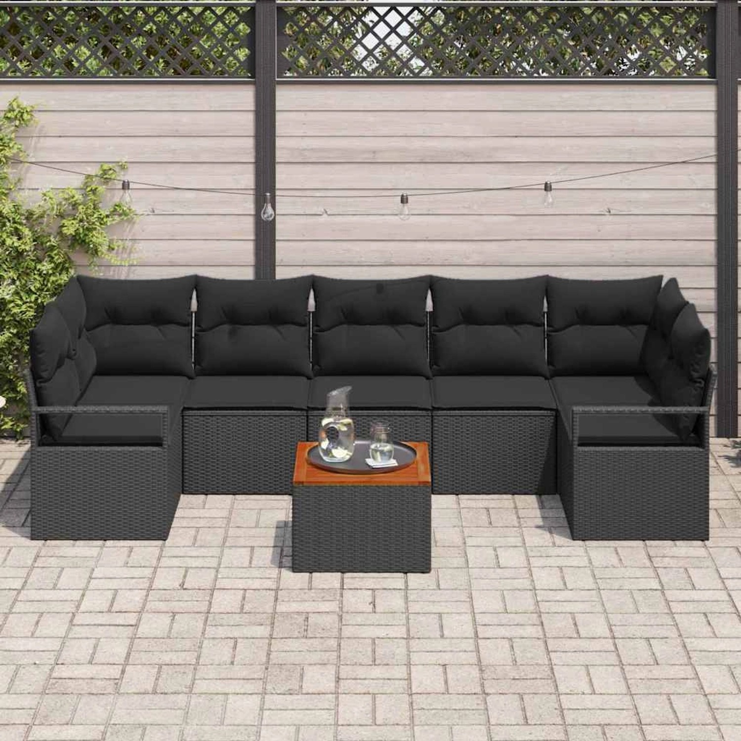 Schwarzes 8-teiliges vidaXL Garten-Sofa-Set aus Rattan mit Tisch für Terrasse und Garten.