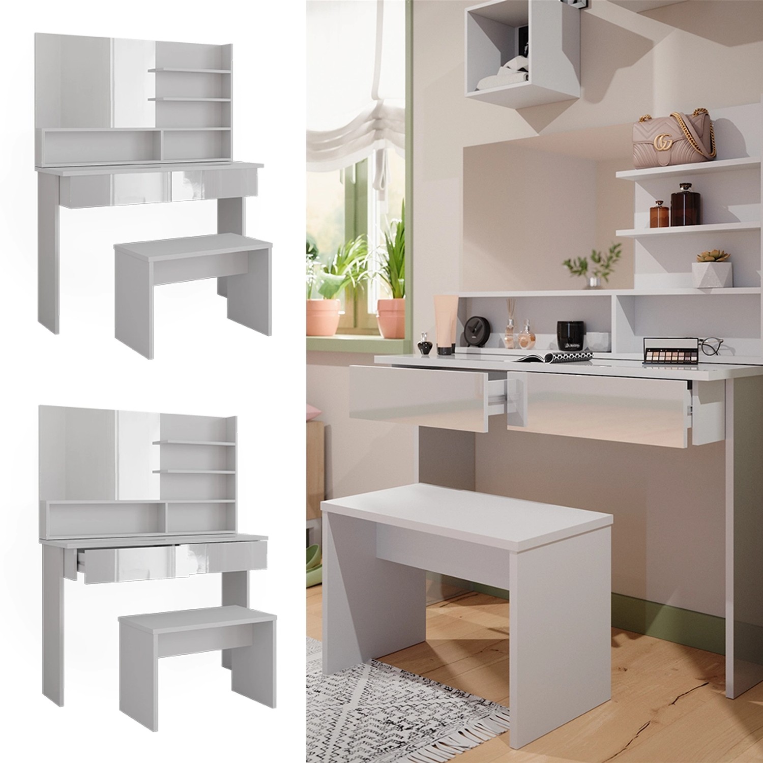 Vicco Schminktisch Azur Weiß/Weiß Hochglanz 120 cm mit Bank günstig online kaufen