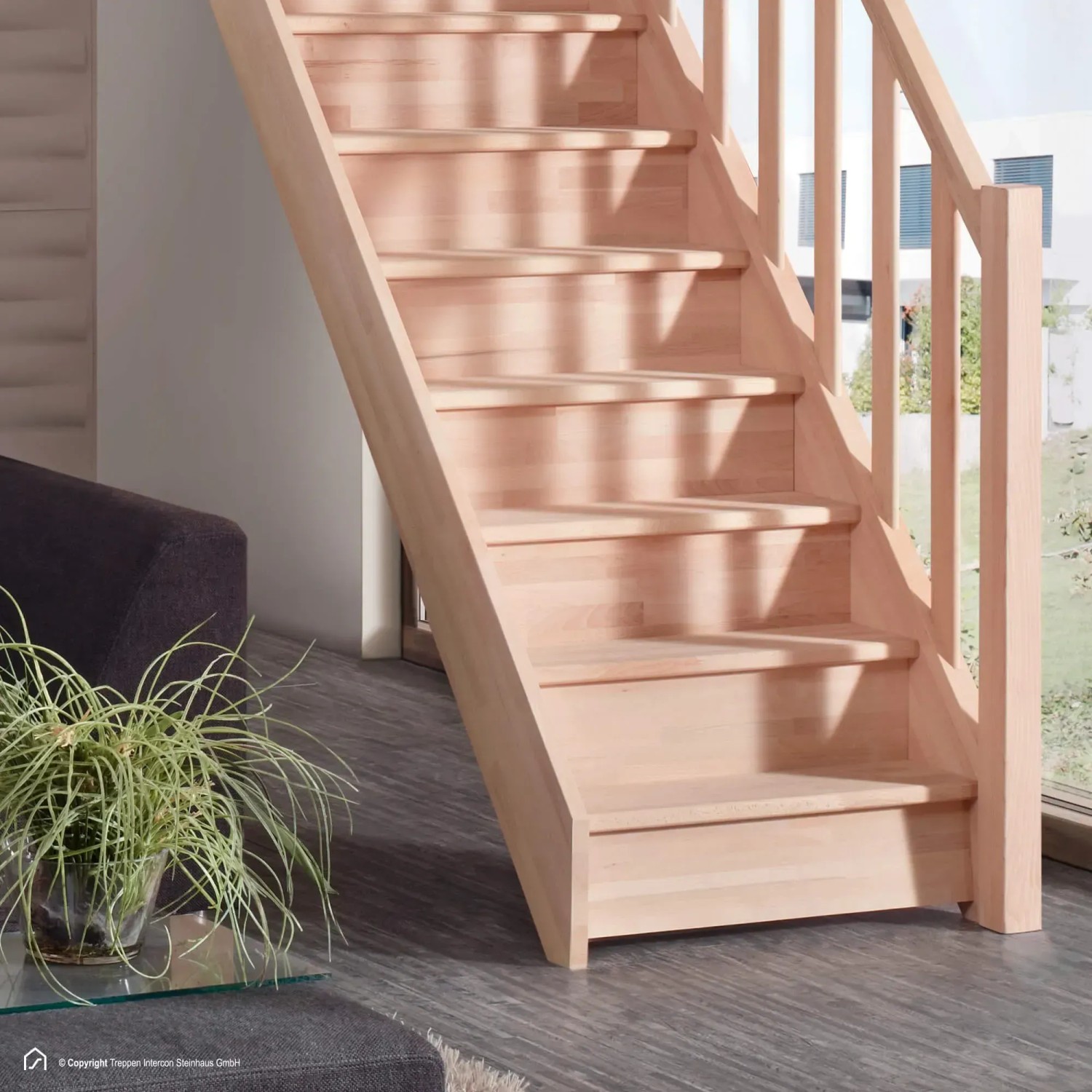 Treppen Intercon Holztreppe Casablanca Raumspartreppe Buche Massiv Naturbelassen Gerade Mit 60 cm Treppenbreite Einseitiges Geländer Mit Setzstufen_4