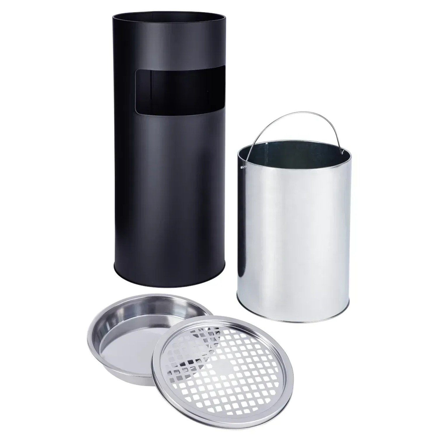 Svita Standaschenbecher mit Mülleimer (30L) in Schwarz, Aschenbecher und Inneneimer separat.