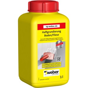 Gelber 1L Kanister Weber Haftgrundierung Boden/Fliese mit rotem Deckel.