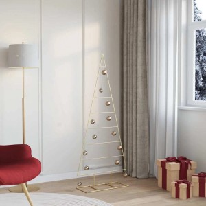 Goldener Metall Weihnachtsbaum, 150 cm hoch, modern, mit goldenen Kugeln dekoriert. Für festliche Deko.