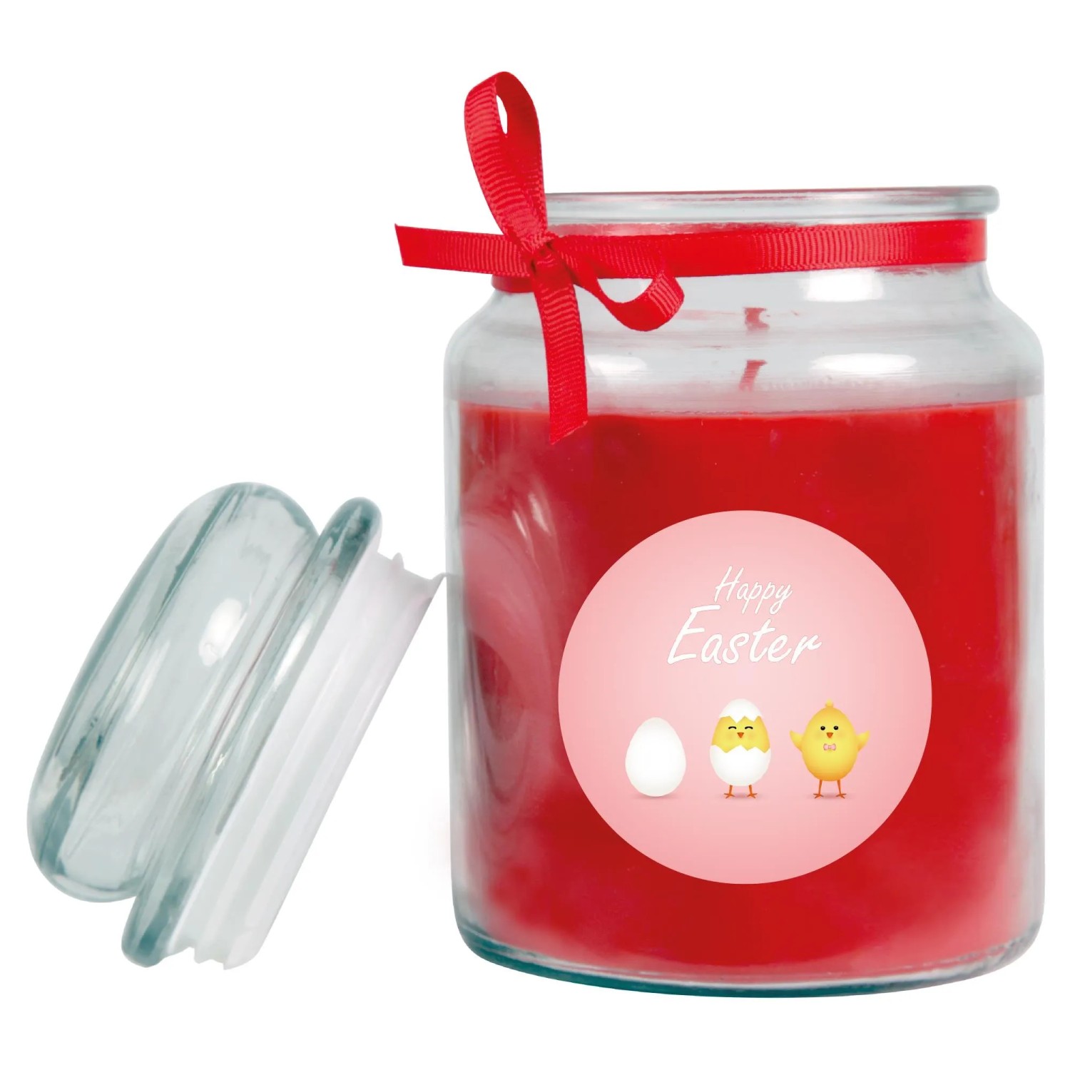 Rote Duftkerze im Glas mit Oster-Motiv und Schleife, ca. 110 Stunden Brenndauer.