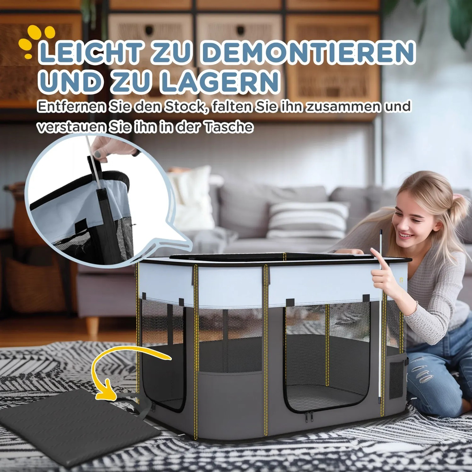 PawHut Welpenauslauf aus Oxford-Stoff, grau mit Netzfenstern. Ideal für kleine Hunde und Welpen.