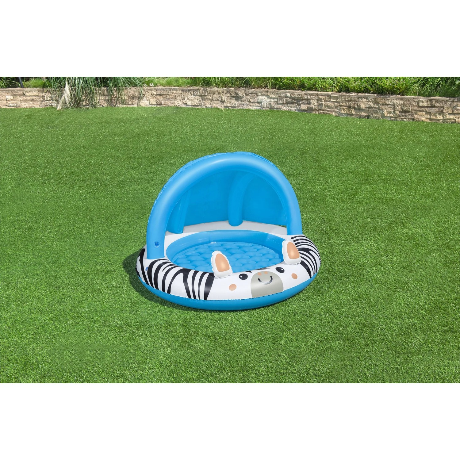 Bestway Planschbecken Safari Sun mit Zebra-Design und blauem Sonnenschutzdach für Kinder.