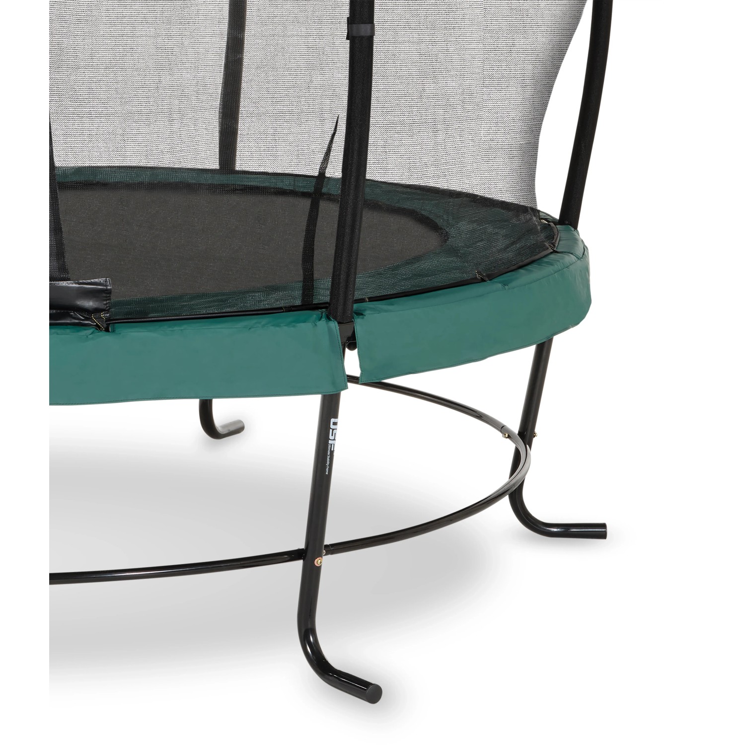 Detailaufnahme: Grünes EXIT Lotus Classic Gartentrampolin mit Sicherheitsnetz und L-förmigen Füßen.