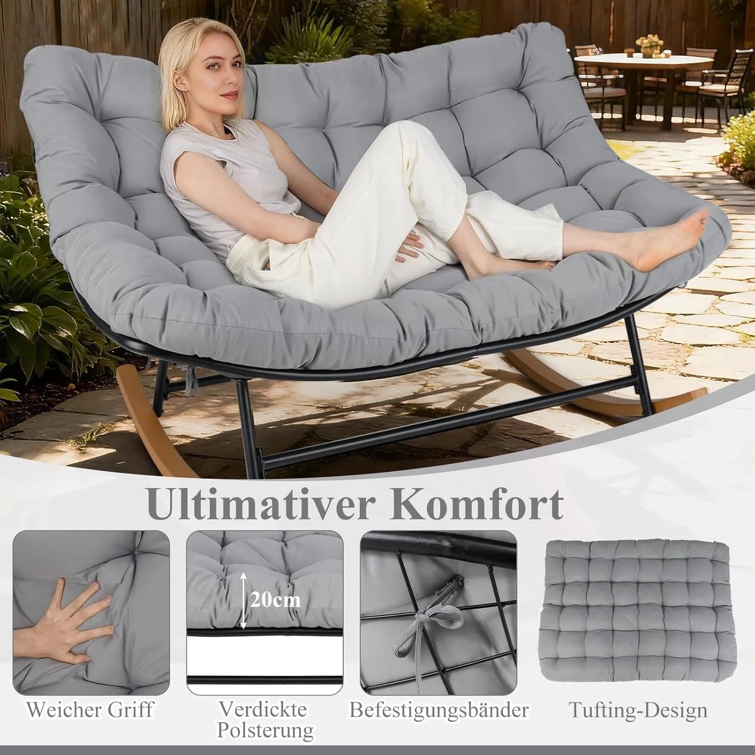 Costway Schaukelstuhl für 2 Personen mit grauem Kissen und Metallgestell im Garten.