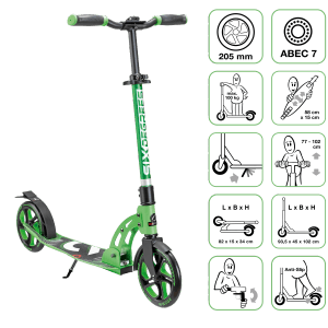 Six Degrees Aluminium Scooter mit Klappmechanismus und Ständer 205 mm Höhenverstellbar GS-Geprüft Hellgrün Testsieger