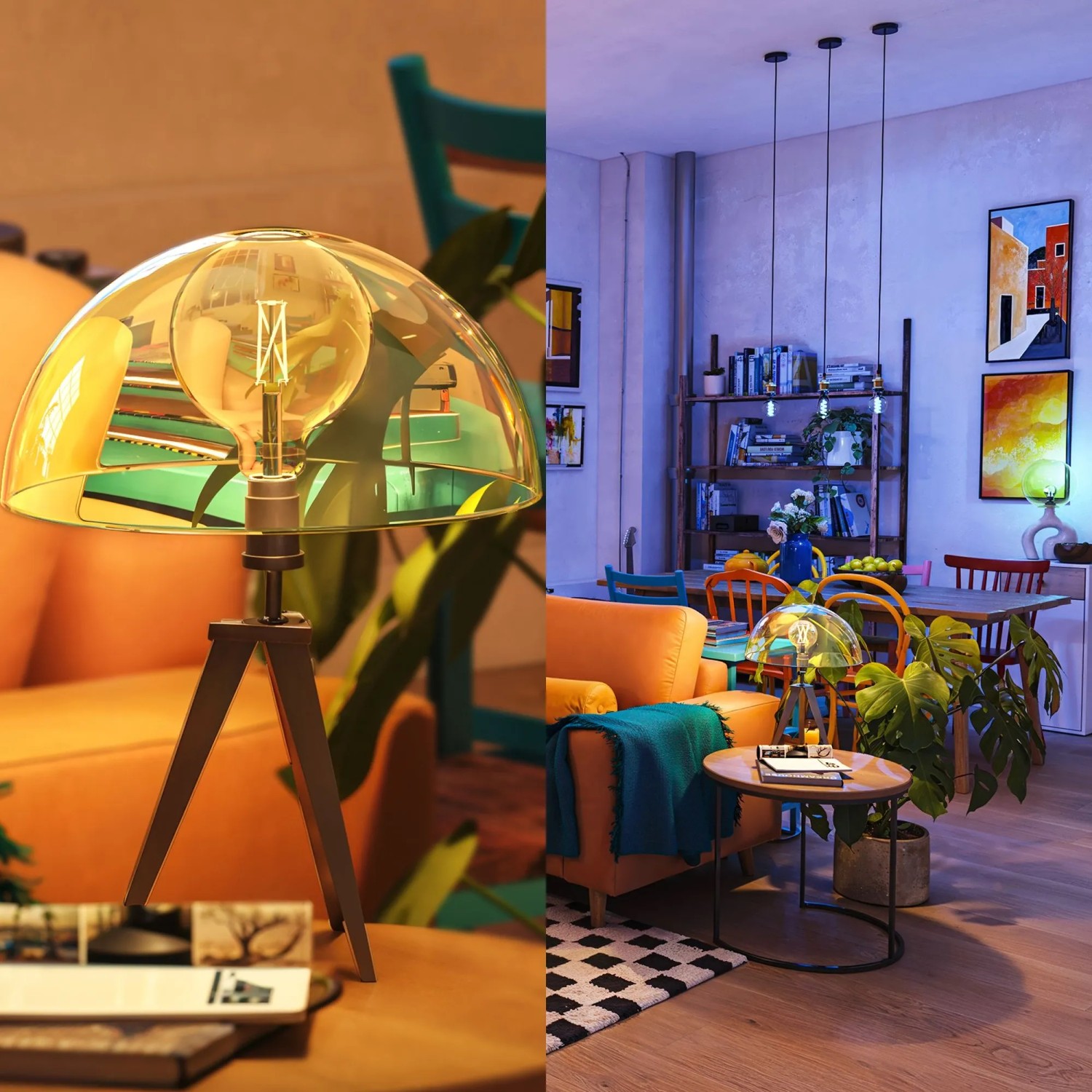 Smarte Philips LED Globe Glühlampe E27 RGB mit farbigem Licht. Schafft individuelle Lichtstimmung im modernen Wohnzimmer.