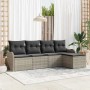 Hellgraues 5-tlg. Garten-Sofa-Set aus Poly Rattan mit grauen Kissen.