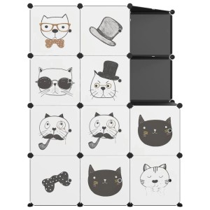 Modularer Kinderschrank mit 10 Würfeln, schwarz, mit Katzenmotiven. Ideal für Kinderzimmer.