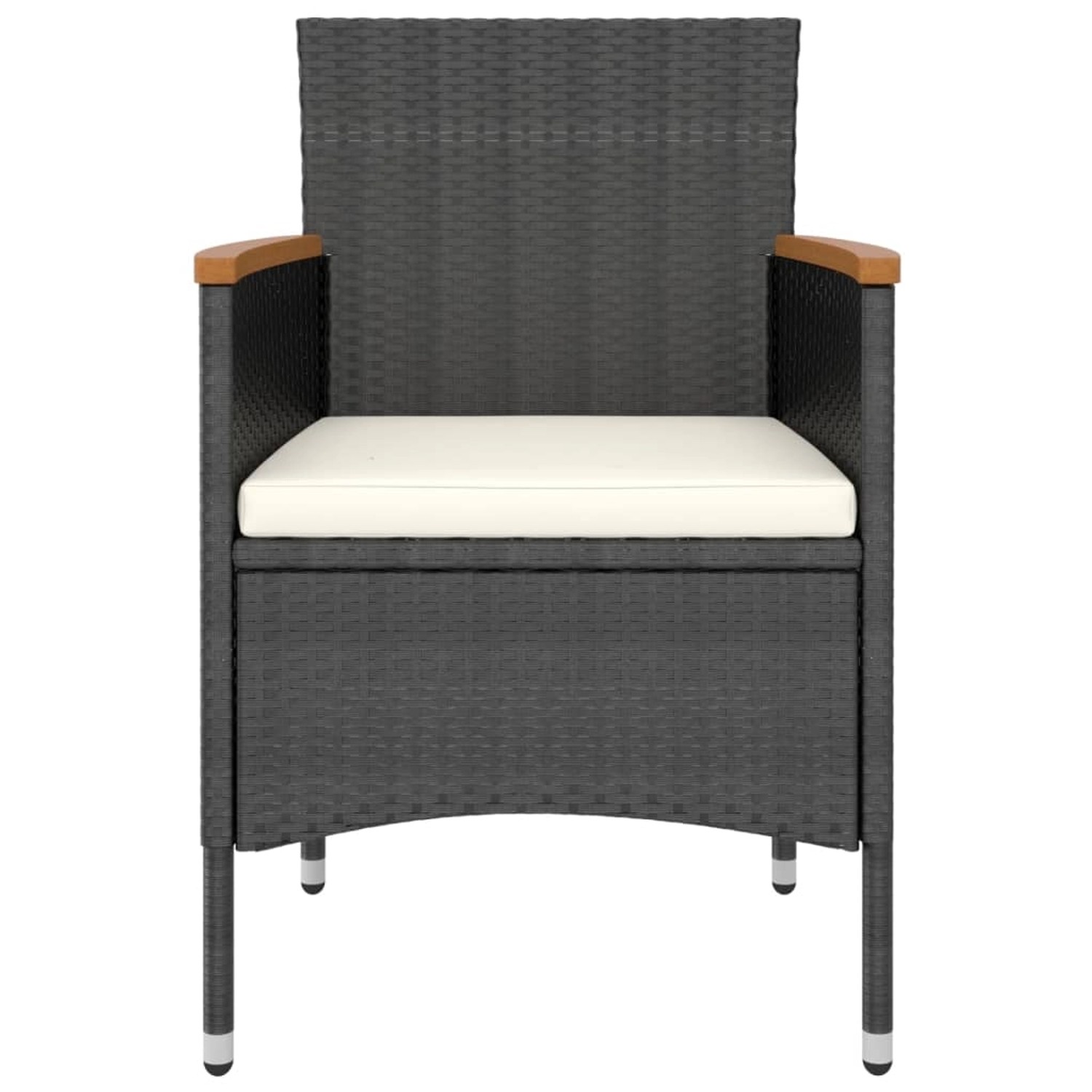 Schwarzer vidaXL Gartenstuhl aus Rattan mit cremefarbenem Kissen und Holzarmlehnen.