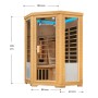 Artsauna Infrarotkabine Aalborg aus Hemlockholz mit Glasfront und LED-Beleuchtung.