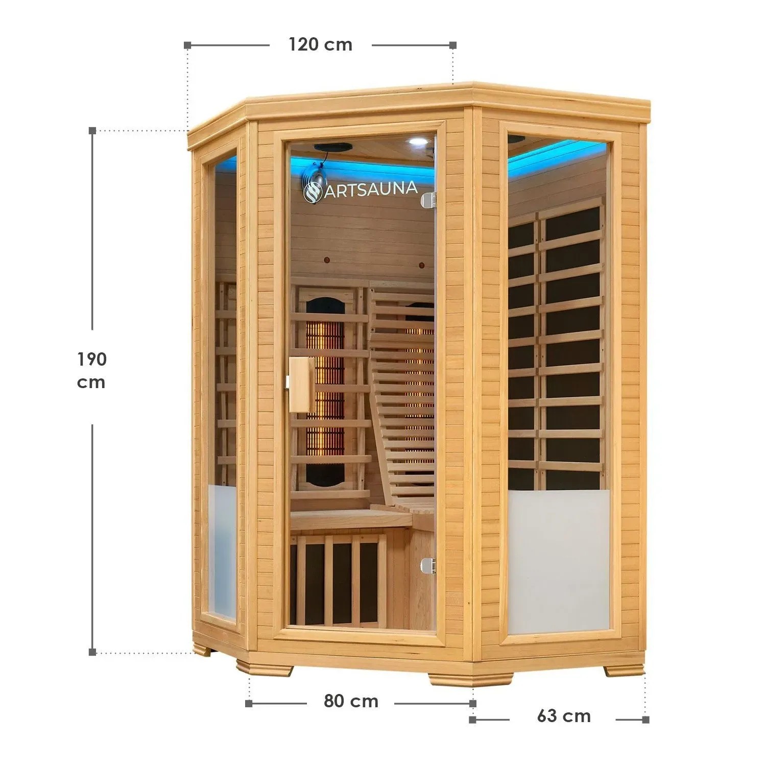Artsauna Infrarotkabine Aalborg aus Hemlockholz mit Glasfront und LED-Beleuchtung.