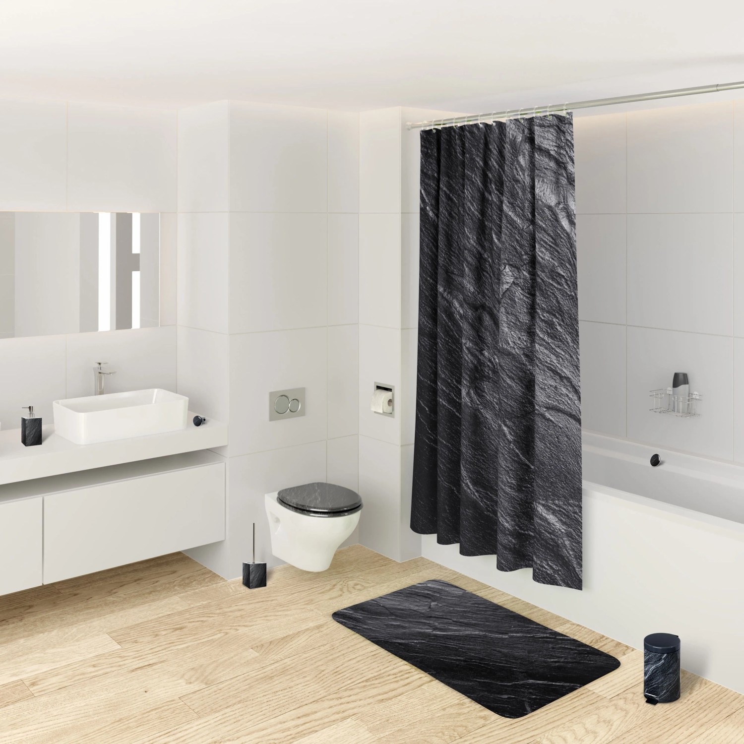 Sanilo WC-Bürste Granit im Badezimmer-Set mit Duschvorhang und Badematte.