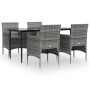 5-teilige Garten Essgruppe Grau/Schwarz: Tisch mit Glasplatte und 4 Rattanstühle mit Kissen.