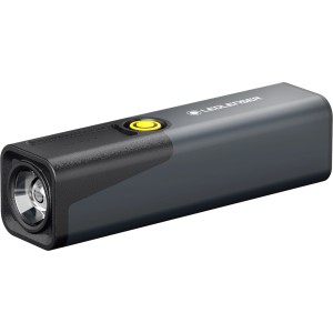 Ledlenser iW3R LED-Arbeitsleuchte in Grau/Schwarz mit gelbem Knopf.