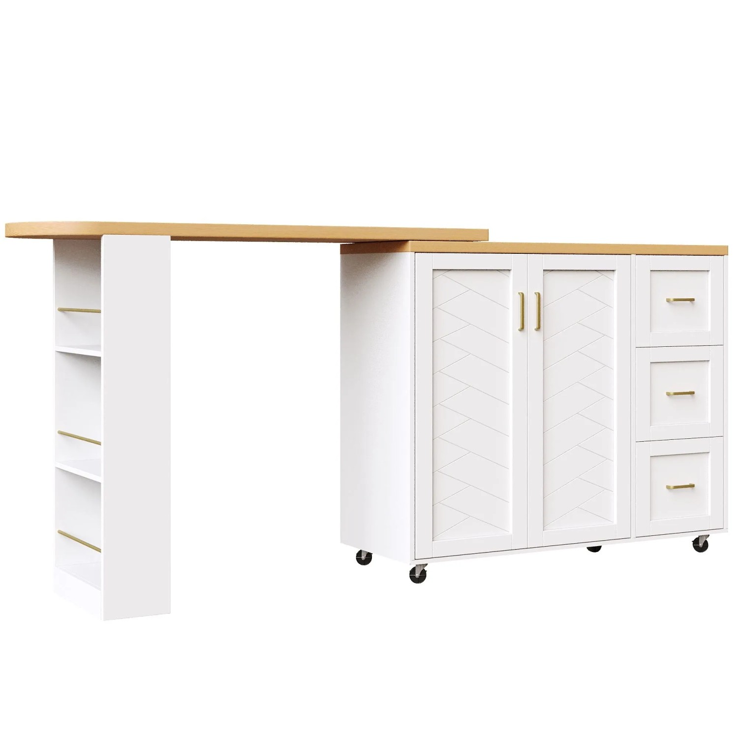 okwish Barwagen mit Verlängerbarer Platte Türen Schubladen Küche 228 x 39 x 104 cm Weiß