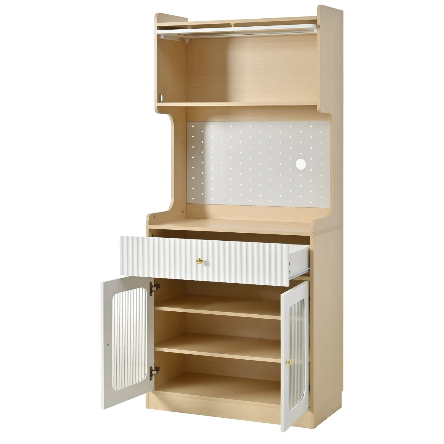okwish Highboard mit LED Beleuchtung Riffelglas Küche 80x40x180cm Natur