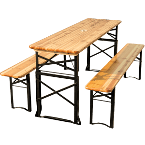 Holz Bierzeltgarnitur, klappbar, mit Tisch und zwei Bänken. Höhenverstellbar und inklusive Wandhalterung.