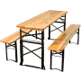 Holz Bierzeltgarnitur, klappbar, mit Tisch und zwei Bänken. Höhenverstellbar und inklusive Wandhalterung.