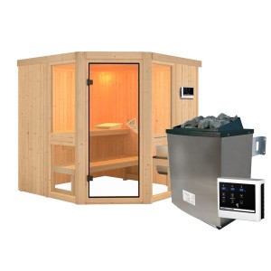 Karibu Sauna Anina 2 mit 9 kW Ofen, naturbelassen, mit bronzierter Glastür und Ofen.