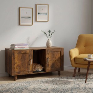 Relaxdays Katzenschrank MDF Holzwerkstoff Eisen Vintagebraun mit 2 Kammern Höhenverstellbar Rutschfest 65 cm x 120 cm x 52 cm 25,2 kg