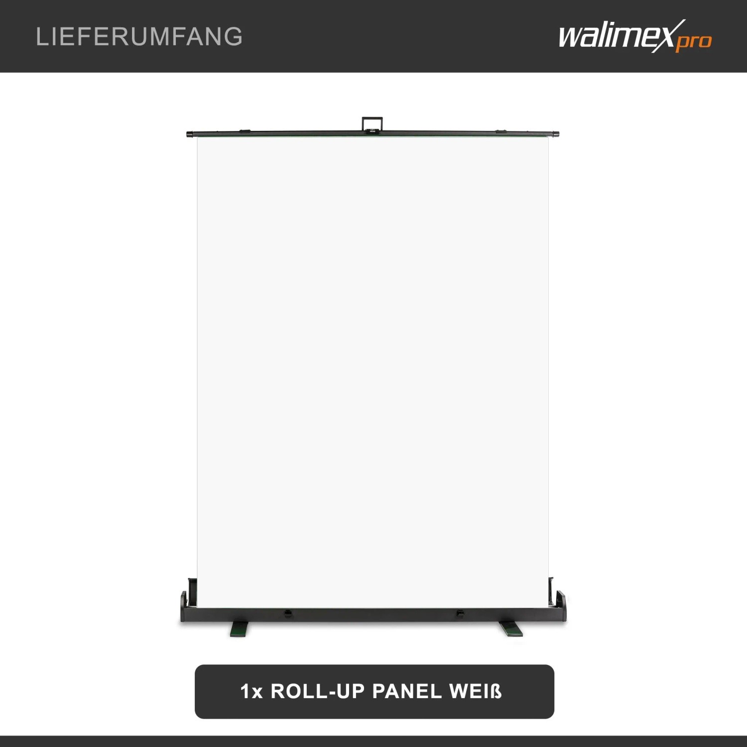 Walimex Pro Roll-Up Panel, weißer Fotohintergrund 155x200cm, ausziehbar mit schwarzem Standfuß für Fotostudio.