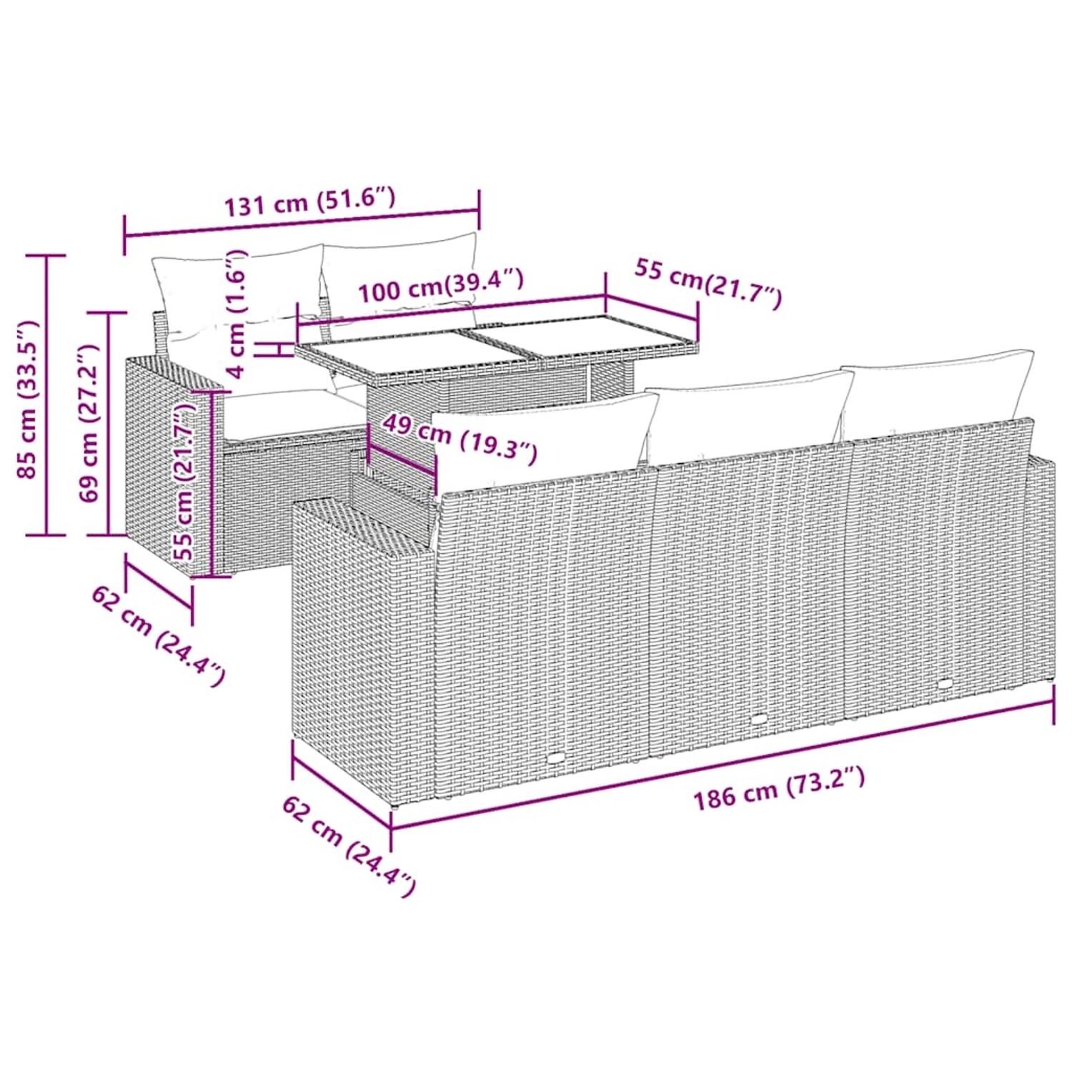 vidaXL Garten-Sofagarnitur, 7-teilig, hellgraues Poly Rattan, mit Maßangaben.
