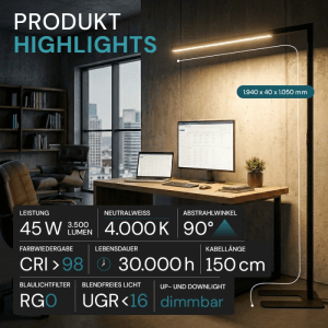 Schwarze LED Büro Stehleuchte mit Touchdimmung, 45W, neutralweißes Licht für blendfreies Arbeiten.