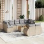 Beige 10-tlg. Garten-Sofagarnitur aus Rattan mit hellgrauen Kissen und Tisch.
