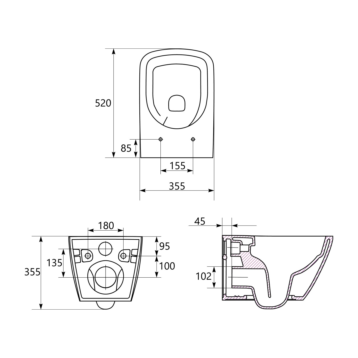 Technische Zeichnung des weißen, spülrandlosen baliv Wand WC-Sets Hampton mit Maßen.