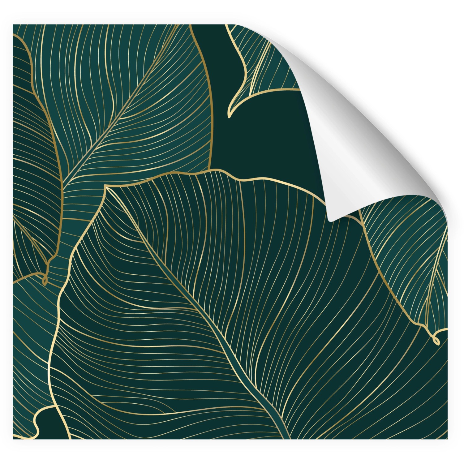 Myspotti Küchenrückwandfolie Leaves Green mit Blattmuster und goldenen Akzenten.