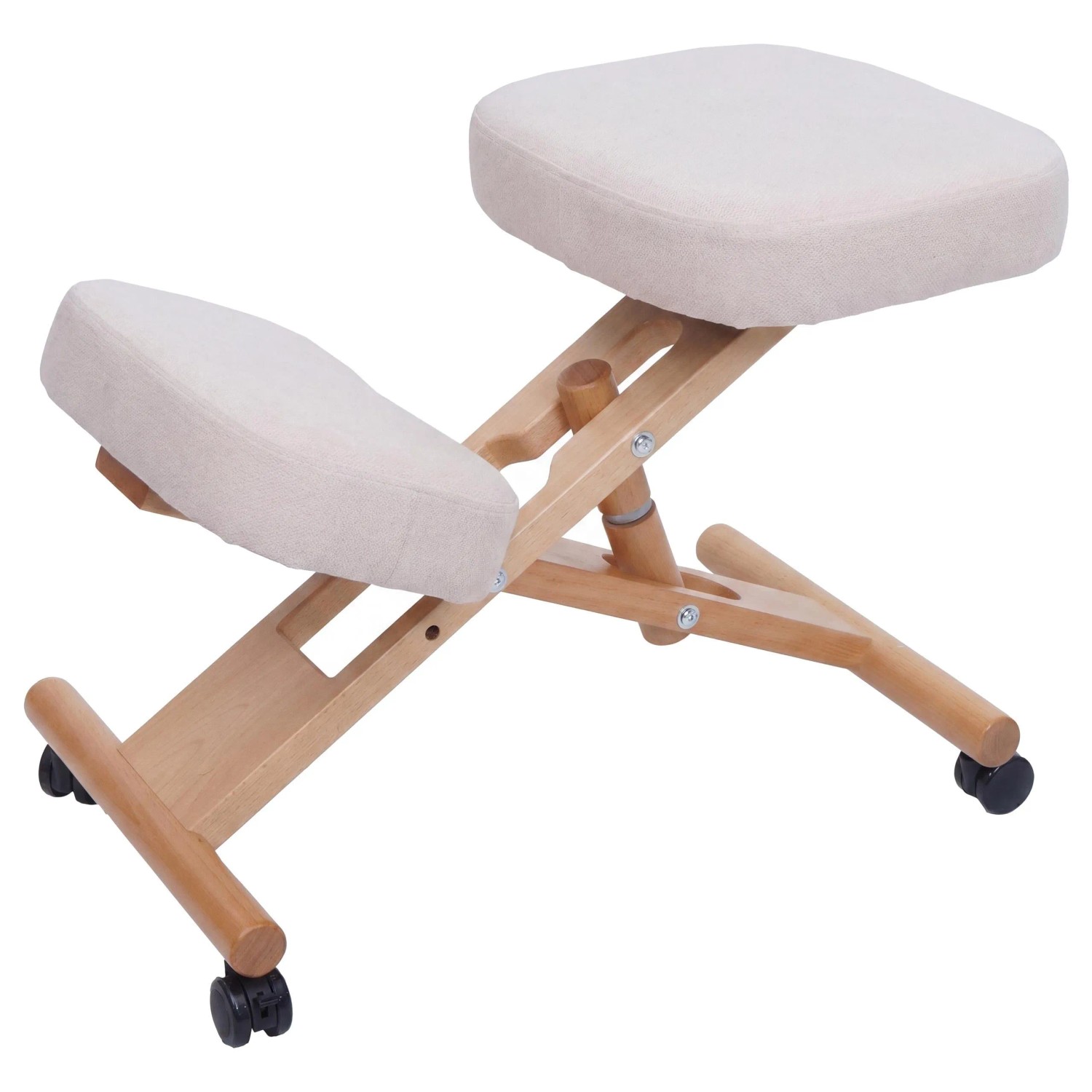 MCW Kniestuhl Q46 Höhenverstellbar Rollen Stoff Holz Creme