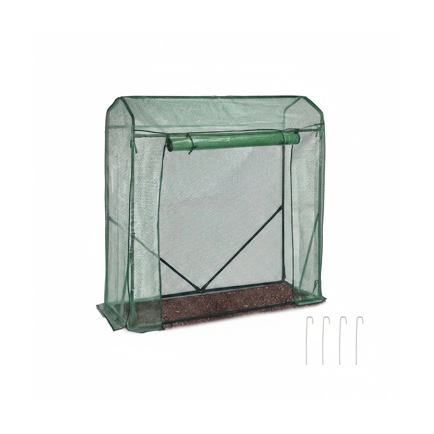 Grünes Tomatengewächshaus aus PE-Folie mit aufgerollter Tür, Metallrahmen und Heringen. Ideal für Garten & Pflanzenaufzucht.