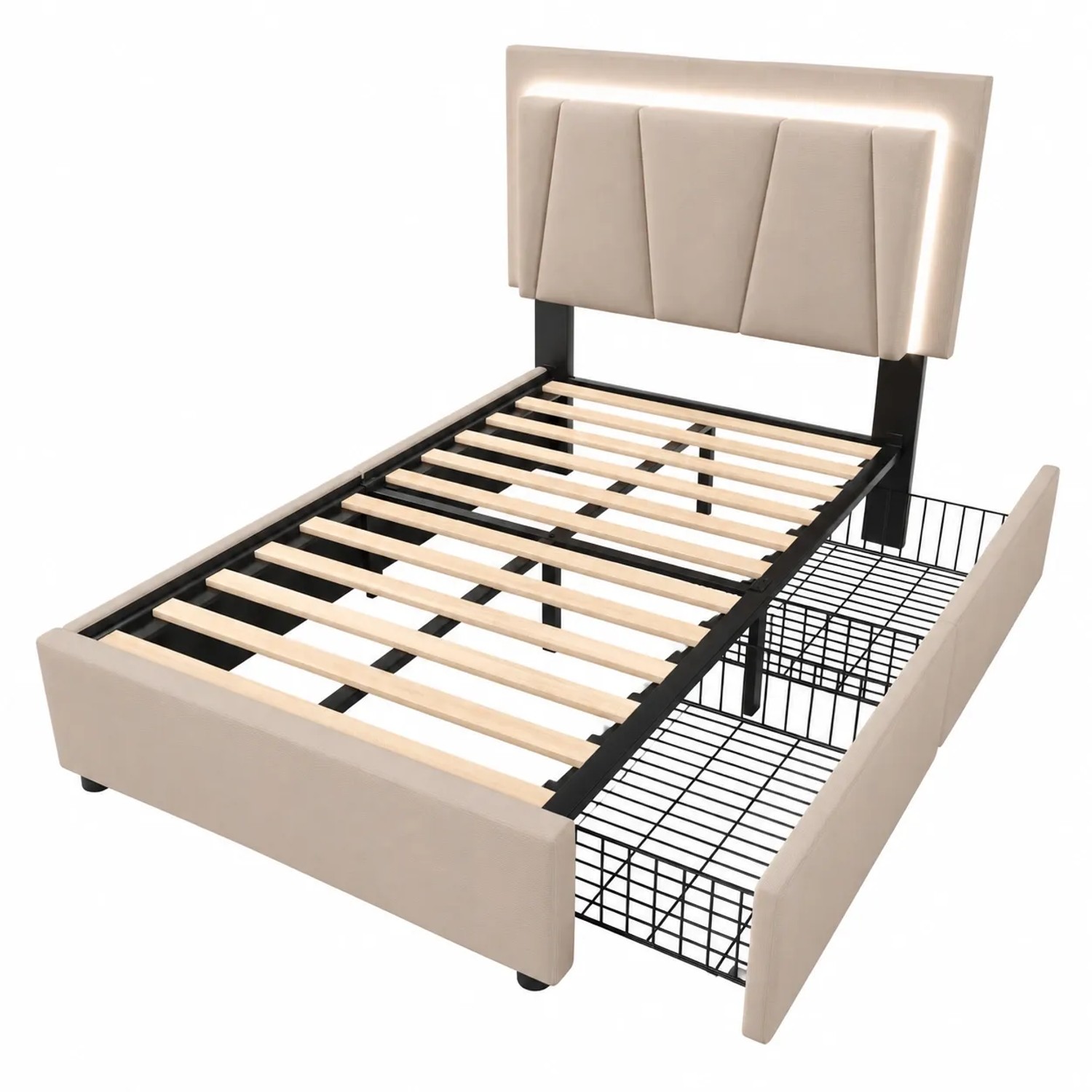 okwish Polsterbett 90x200cm mit Höhenverstellbarem Kopfteil Kinderzimmer Beige ohne Matratze