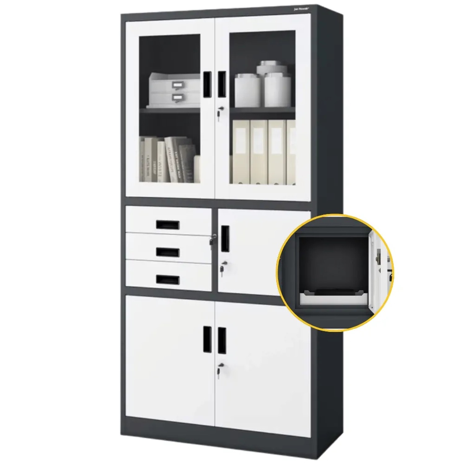 JAN NOWAK Vitrinenschrank Abschließbar FILIP mit Tresor 185 x 90 x 40 cm Anthrazit-Weiß