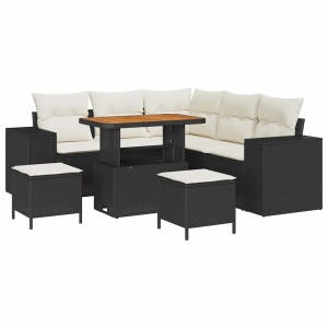 Schwarzes 8-tlg. vidaXL Garten-Sofa-Set aus Poly Rattan mit Tisch und Hockern.