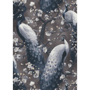 Erismann Vliestapete Play of Light Pavo Schwarz mit Pfauen und Blüten.