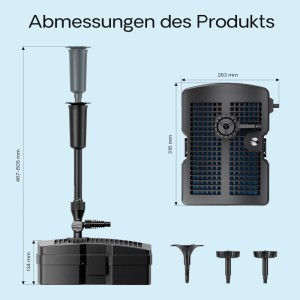 SunSun CUF-2500 Teichpumpe mit Filter und UV-Klärer, Abmessungen und Zubehör dargestellt.